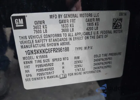 2015 Chevrolet Suburban 1500 Ltz z USA, uszkodzony, nr VIN 1GNSKKKC6FR296188